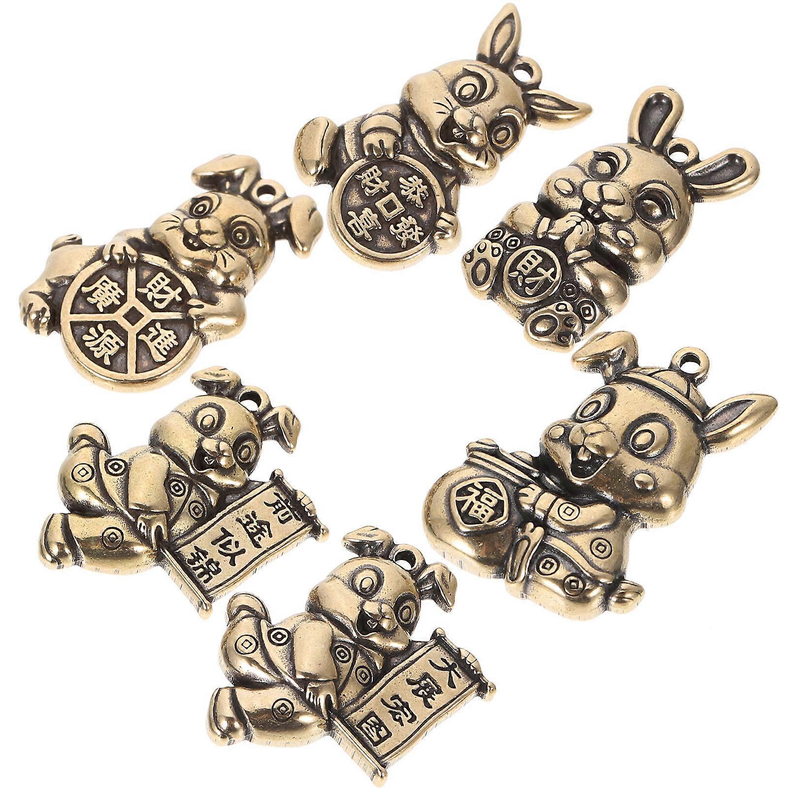 Brass Rabbit Charms 6Pcs Retro Style Pendant DIY Craft Home Decoration Multi Color Keychain Accessory