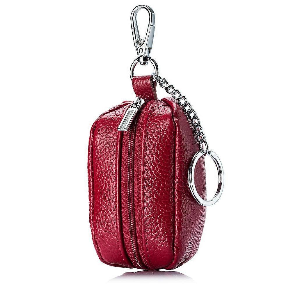 Leather Key Case for Men and Women, Genuine Leather Key Organizer with Zipper, Coin Purse, Keyring, Red, 10x7cm