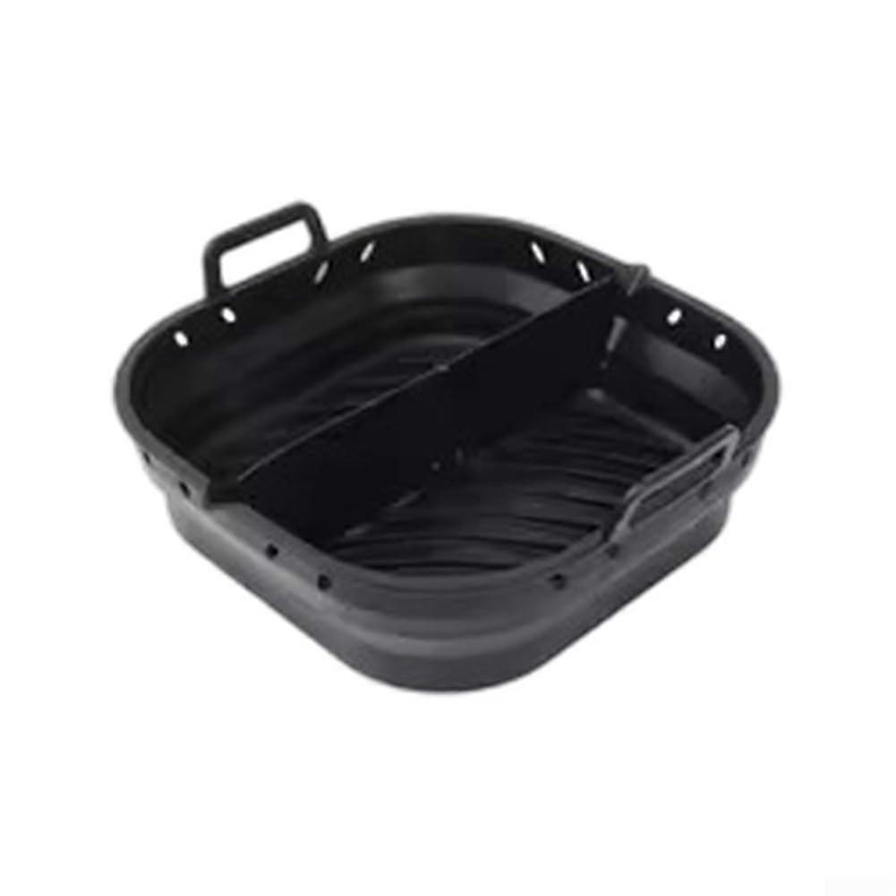 Silicone basket for air fryer, practical foldable design with oil drain, fits most models, 23 x 22 x 6 cm (foldable square black).