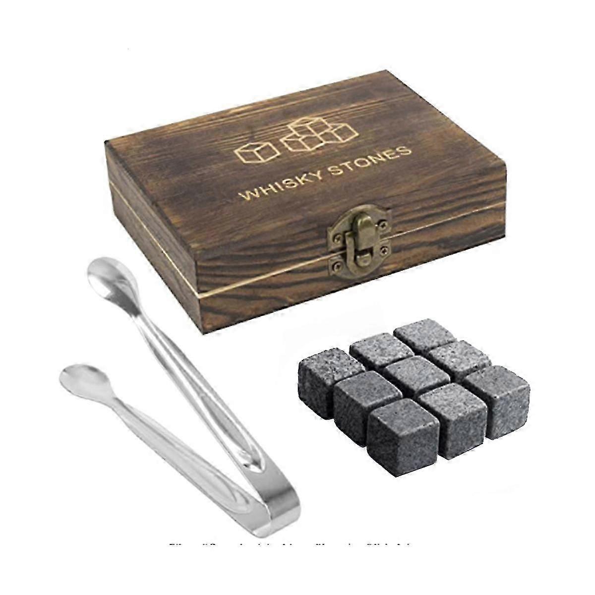 WHISKY Whiskey Set 9 Granite Whiskey Rocks with Wooden Box Reusable Cooling Ice Cubes