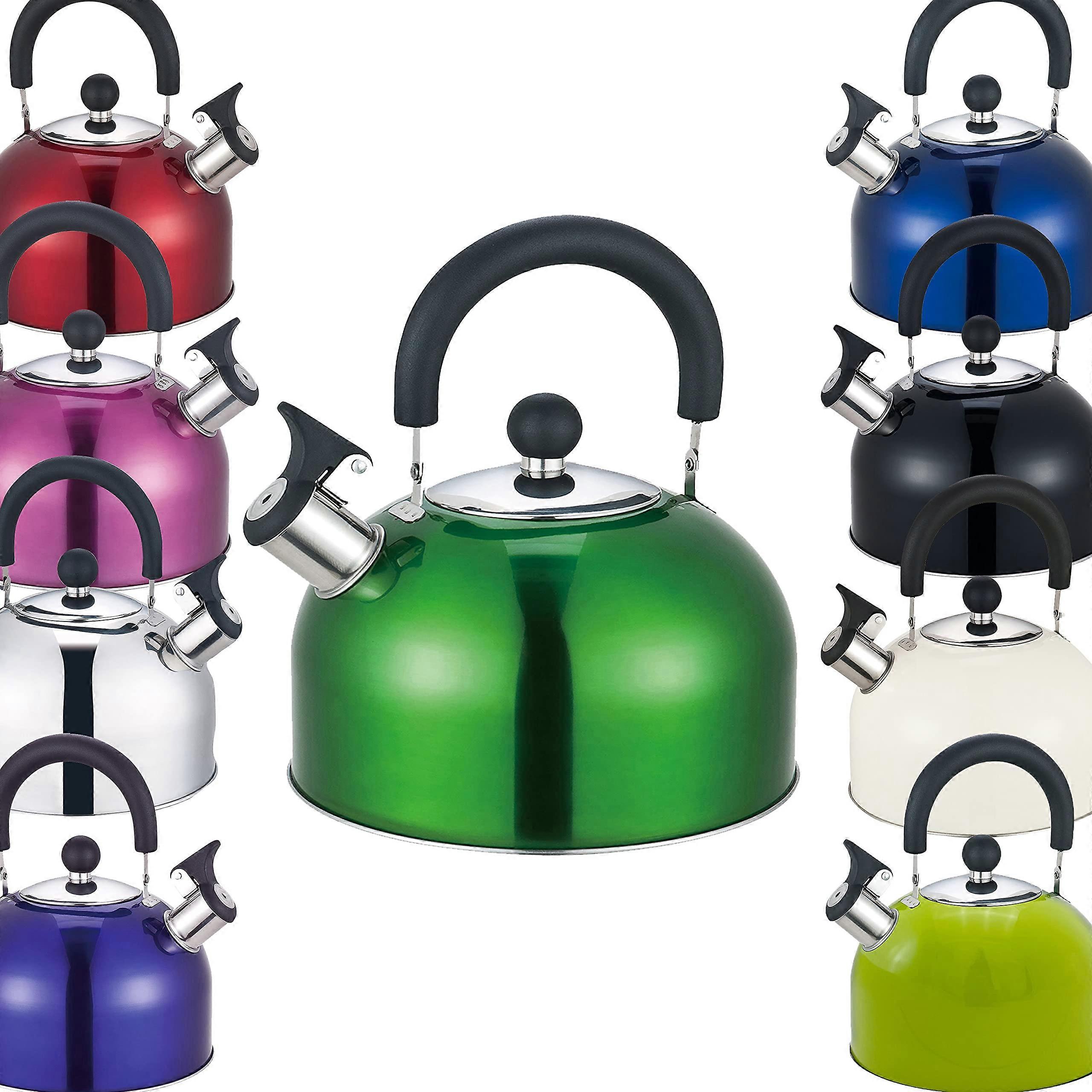 Premium Stainless Steel Whistling Kettle 2.5L with Cool Touch Handle and Non-Drip Spout in Metallic Green - 10 Colors Available