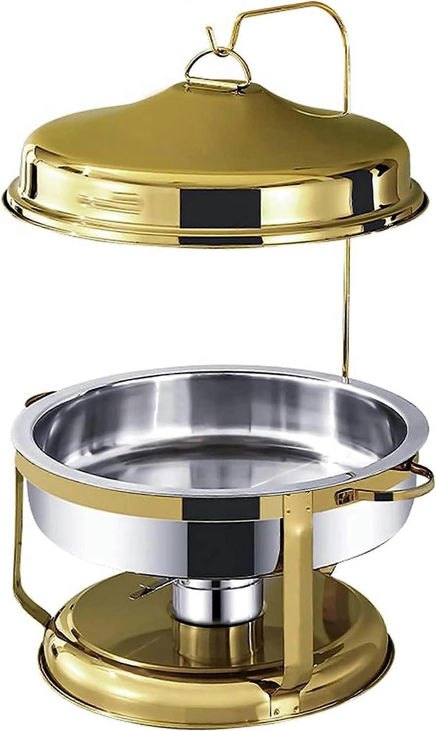 9L Round Stainless Steel Chafing Dish with Gold Finish, Full Size Buffet Server Set, Includes Food Pan and Fuel Holders