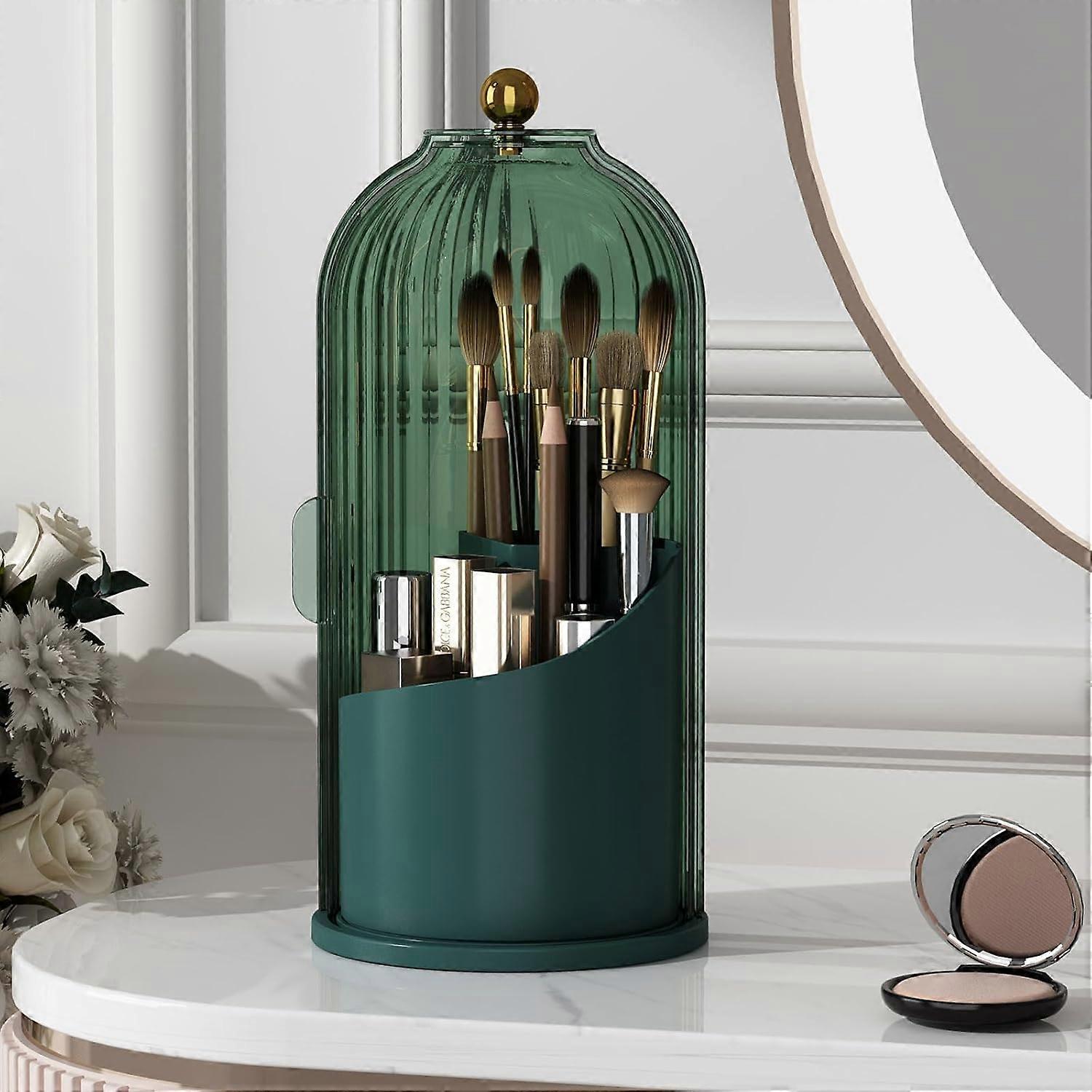 Makeup Brush Holder With Cover 360DegreeRotating Transparent Dustproof Makeup Rack For Dressing Table Bath Countertop