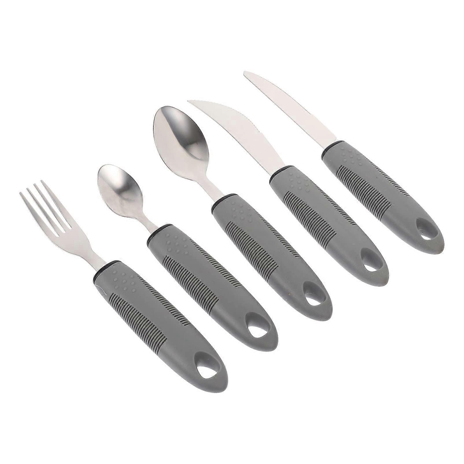 Adaptive Utensils BuiltUp Fork Spoon Rocker Knife EasyGrip Silverware 3Piece Set Light Grey For Adults Elderly