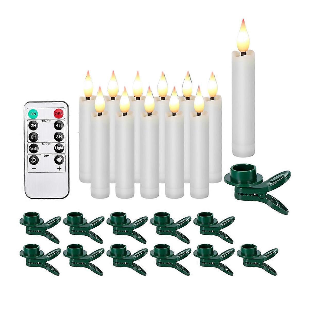 12Pcs LED Taper Candles Light Set Flameless 3D Wick Candles with Clip-on Christmas Tree Design Warm