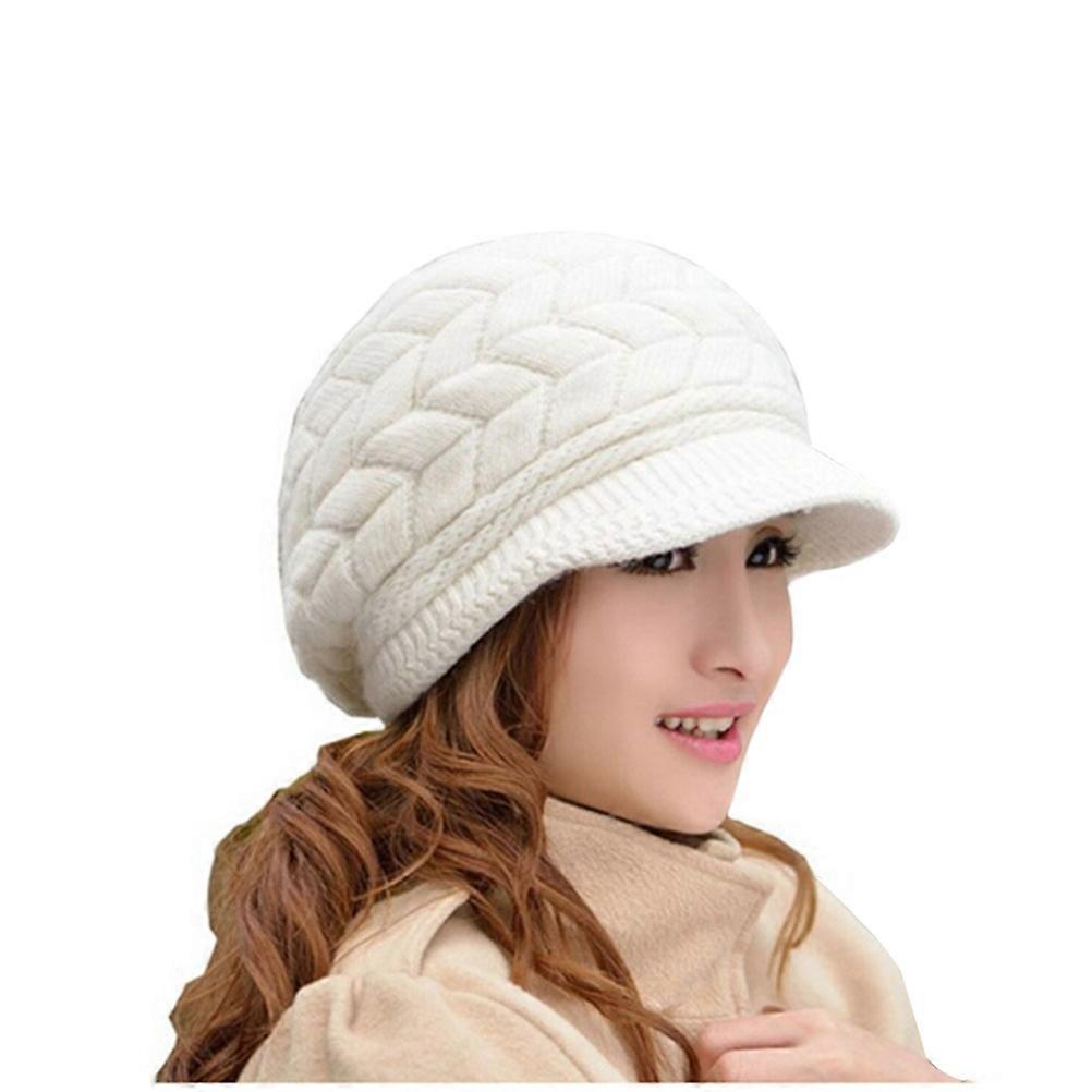Wool Warm Cap Women Warm Knit Hat Winter Cap with Visor White
