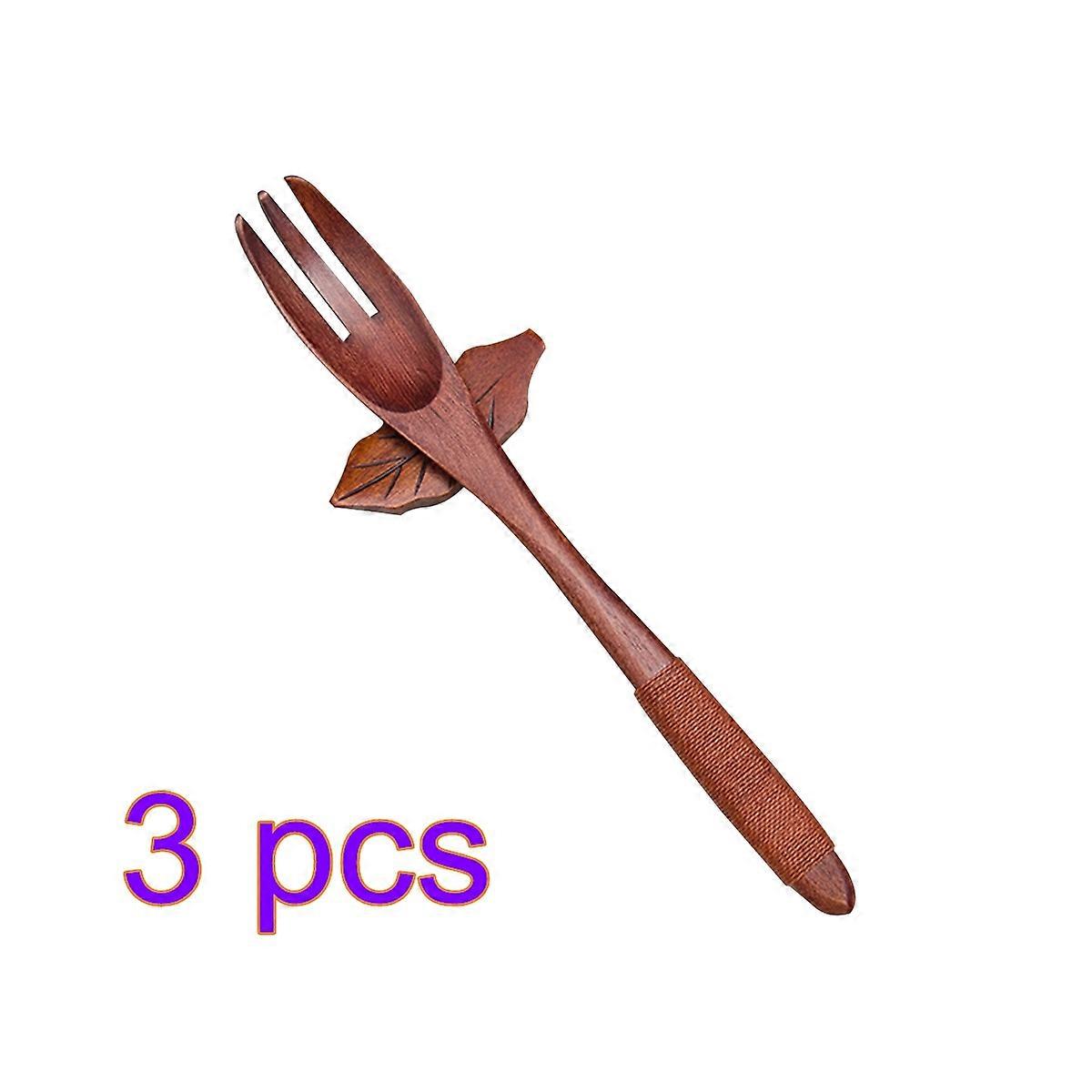 Wood Fork Natural Solid Wooden Fork for Meals 3Pcs Brown Kitchen Use