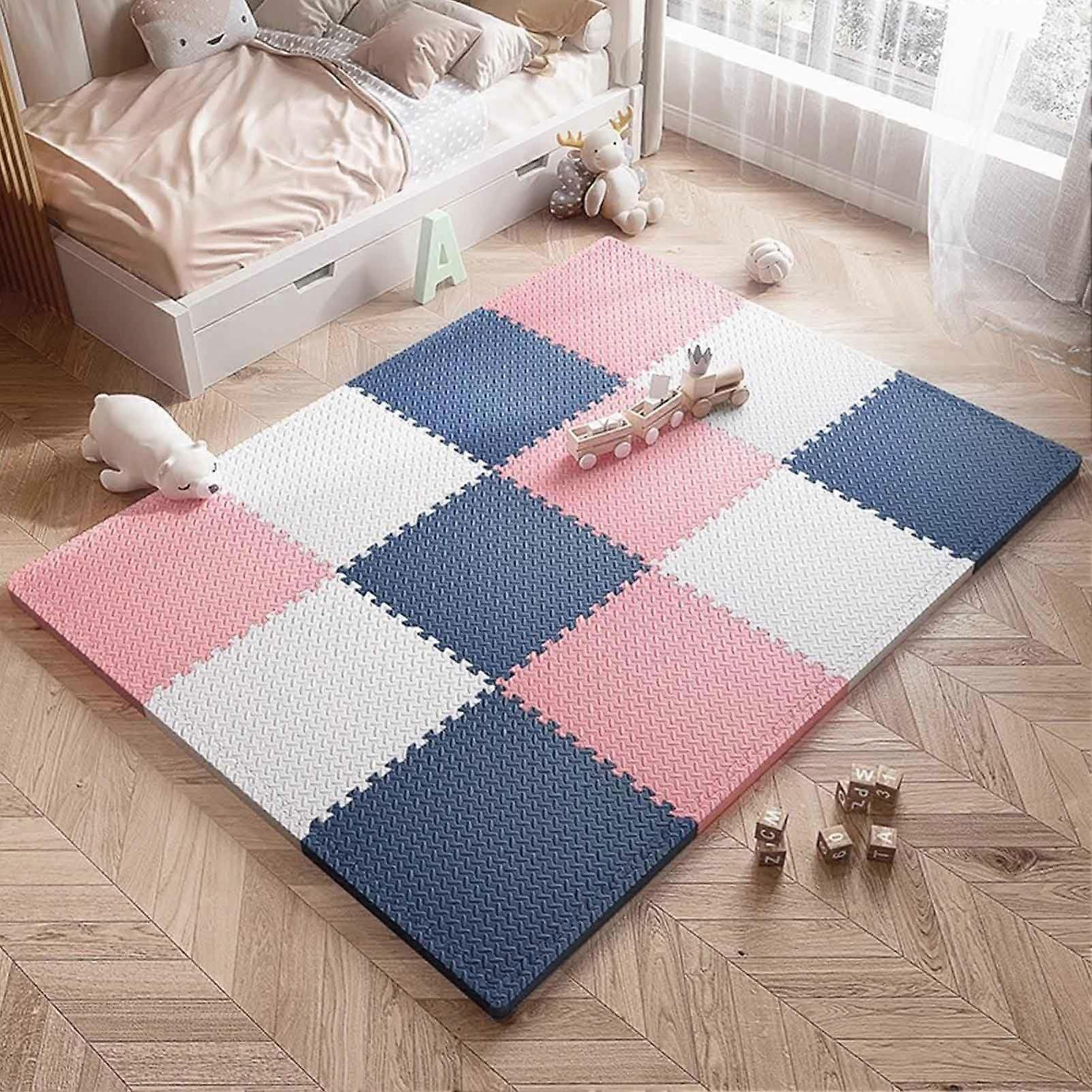 9 Pieces Foam Mat 60x60cm Interlocking Puzzle Tiles 2.5cm Thick EVA Mat NonSlip Navy Blue Pink White