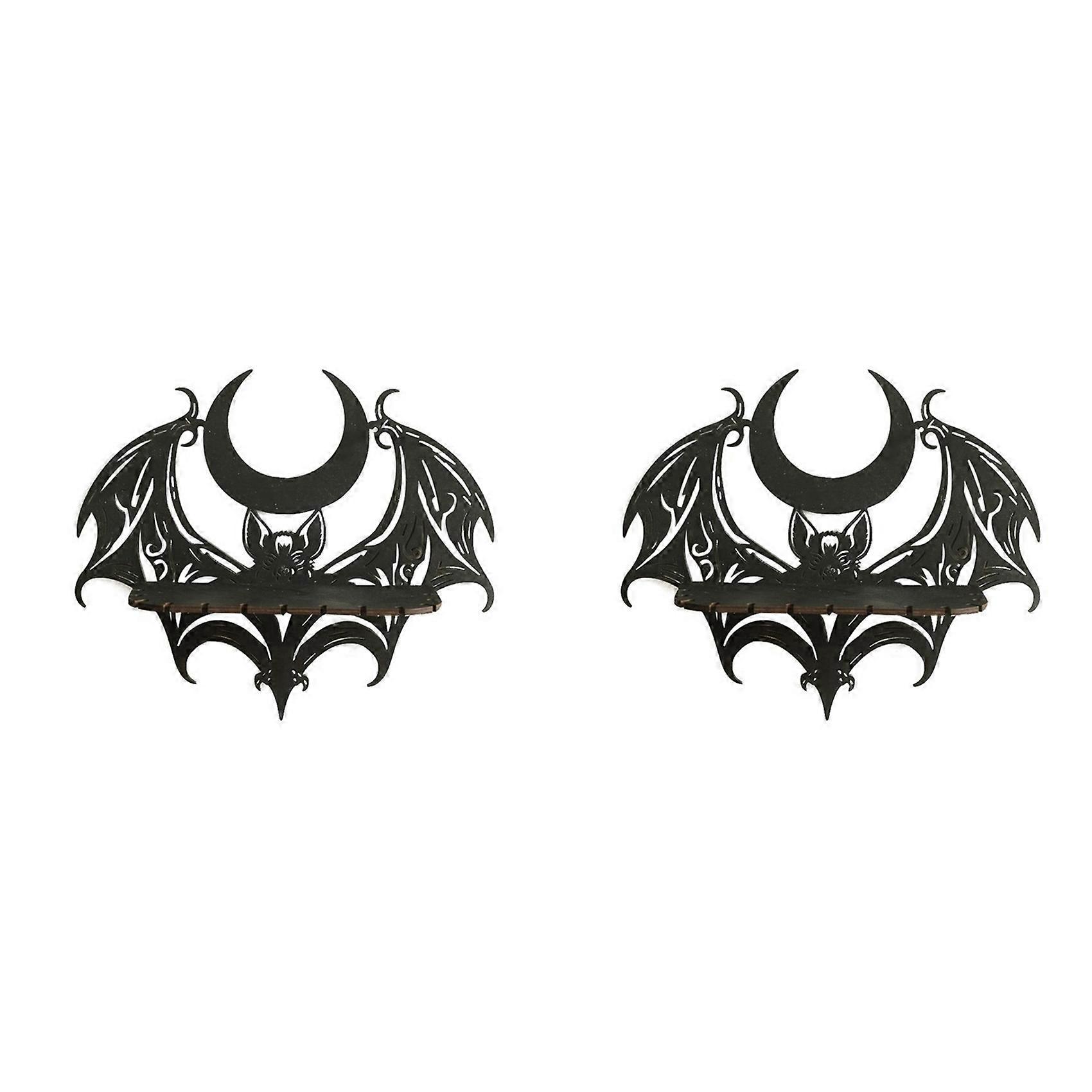 2X Black Wooden Wall Shelf Gothic Bat Moon Profiling Hollow Pattern Floating Shelf Crystal Holder Goth Witch Room Decor