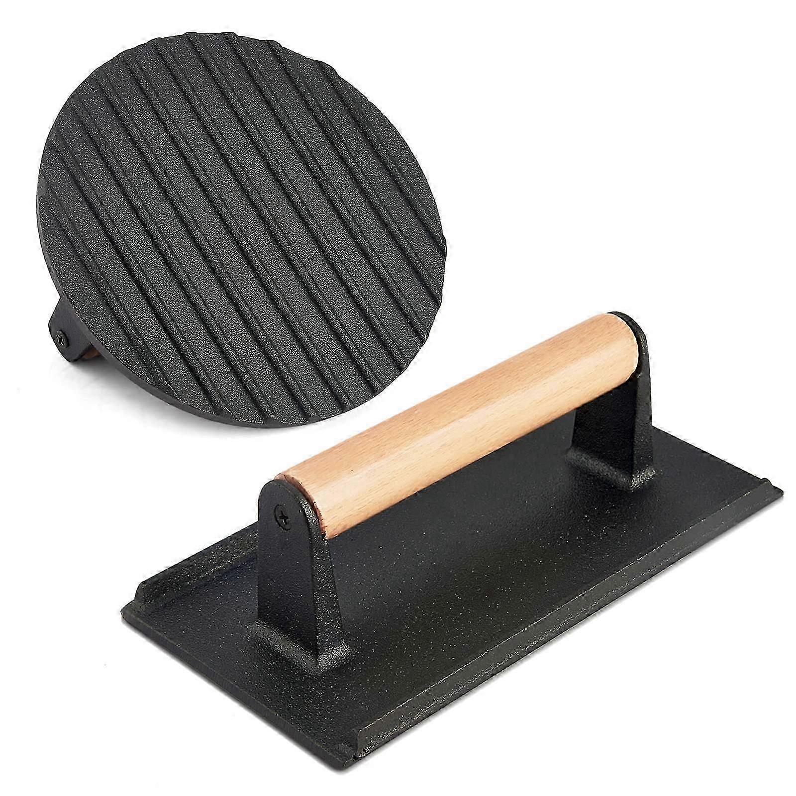 2Pcs Cast Iron Bacon and Burger Press, 7In Round & 8x4In Rectangular