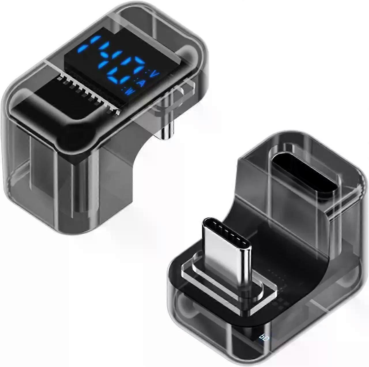 2 Pack USB C Adapter with Digital Display, 180 Degree 140W USB-C Male to Female Connector for Switch, iPhone 16/15 Series, iPad, MacBook, Support Volt