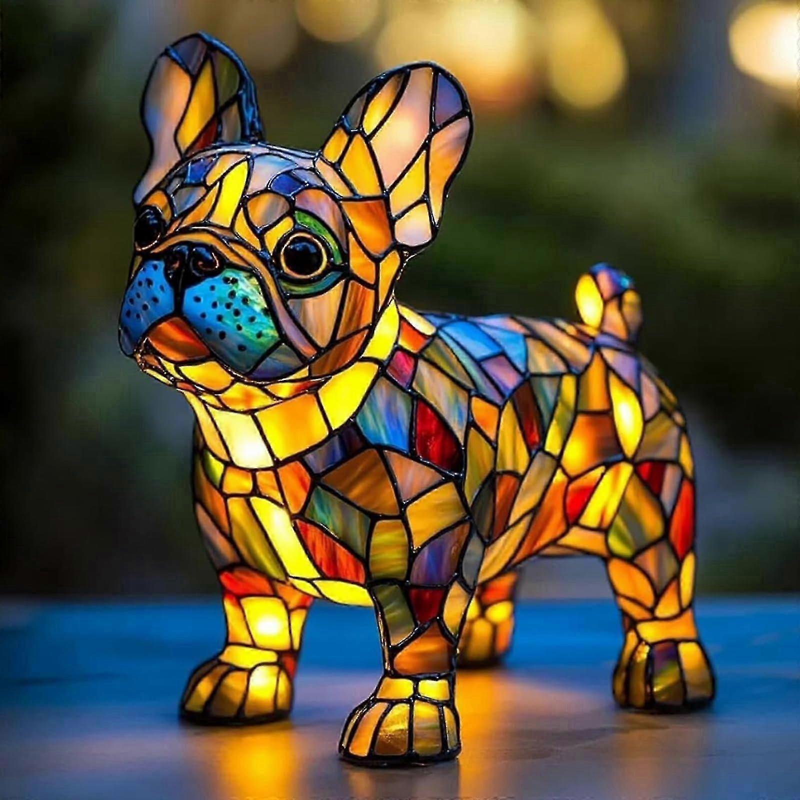 犬用LEDテーブルランプ、ステンドグラスの犬用ランプ、パグライトステンド樹脂フレンチブルドッグ卓上ナイトライト、コーギー愛好家への楽しいギフト(スタイル付き)