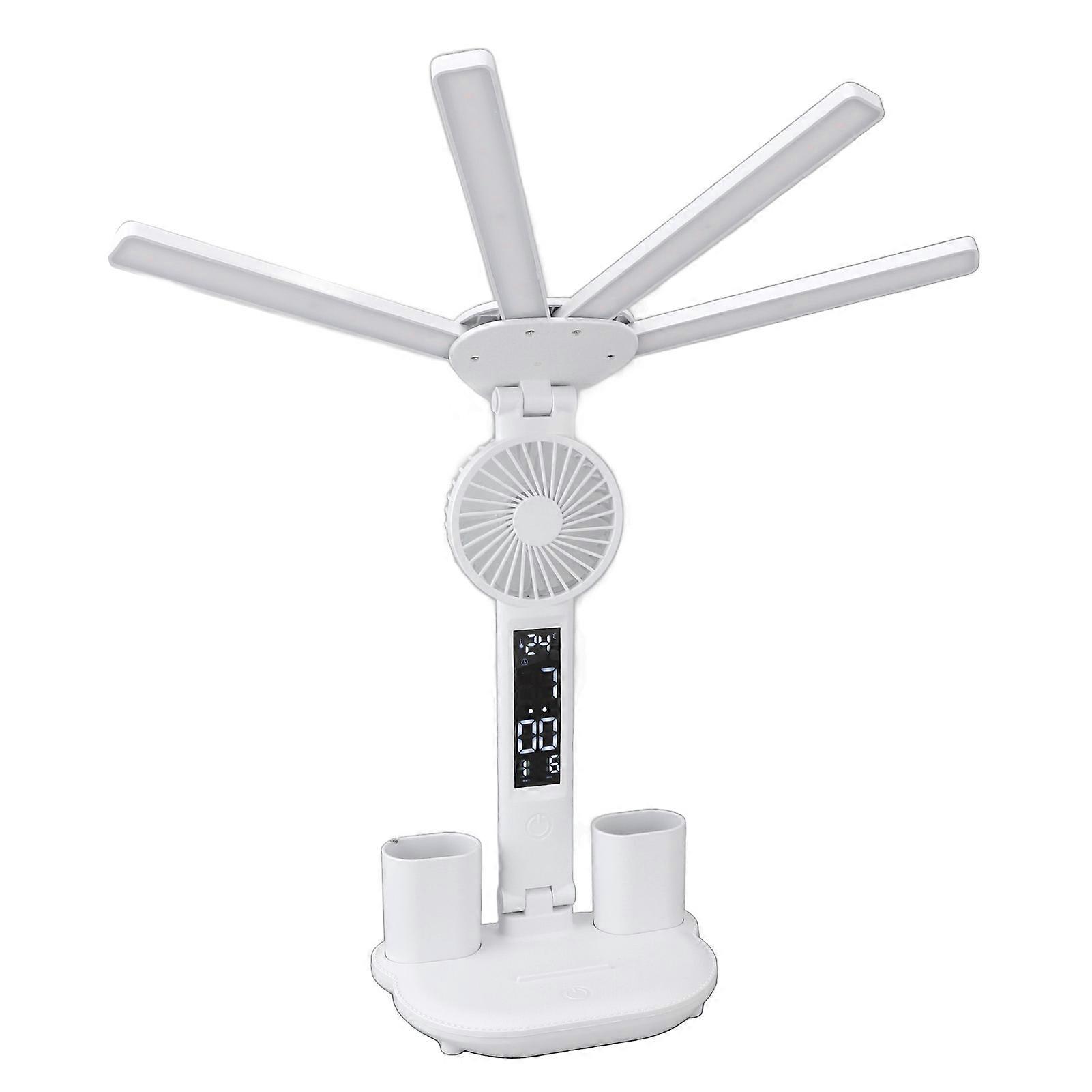 LED Desk Light with Fan Bright 4 Headed Touch Control Adjustable Foldable Table Lamp with Clock Date Pen Holder for Home Study Office 