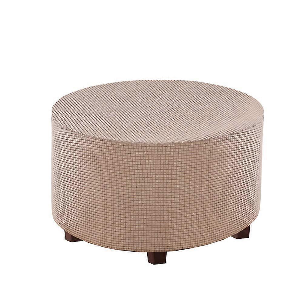 Round Ottoman Slipcover Polyester Blend Stretch Jacquard Protector Elastic Bottom Beige Medium Machine Washable