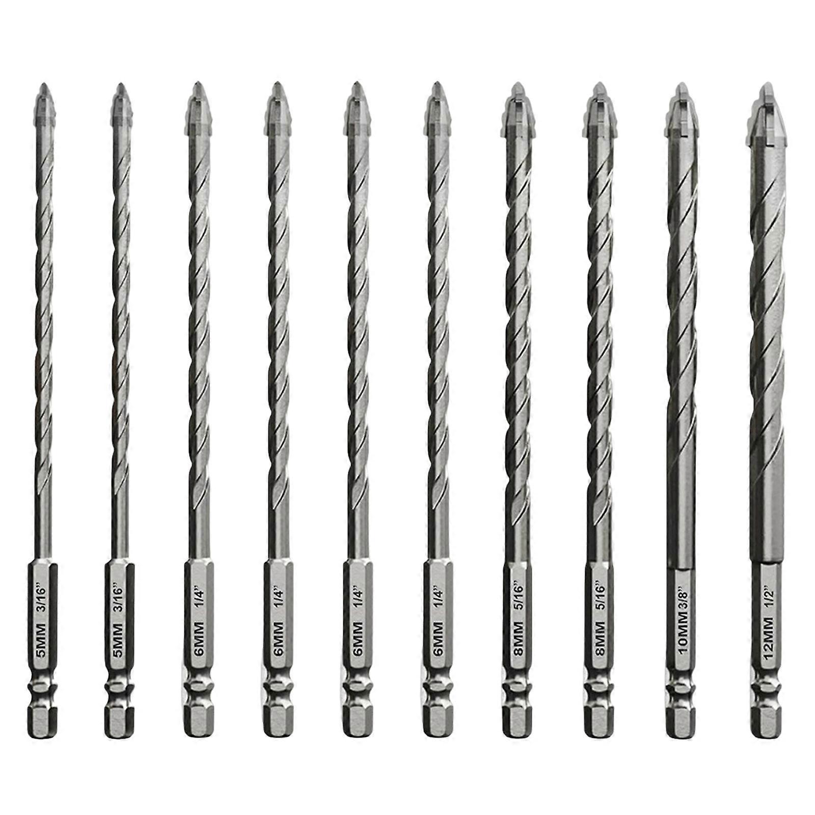 10Pcs 5/6/8/10/12mm Eccentric Twist Drill Bit Set High Hardness Skewed Head Carbide Drill Bit for Concrete/Glass/Brick Multicolor