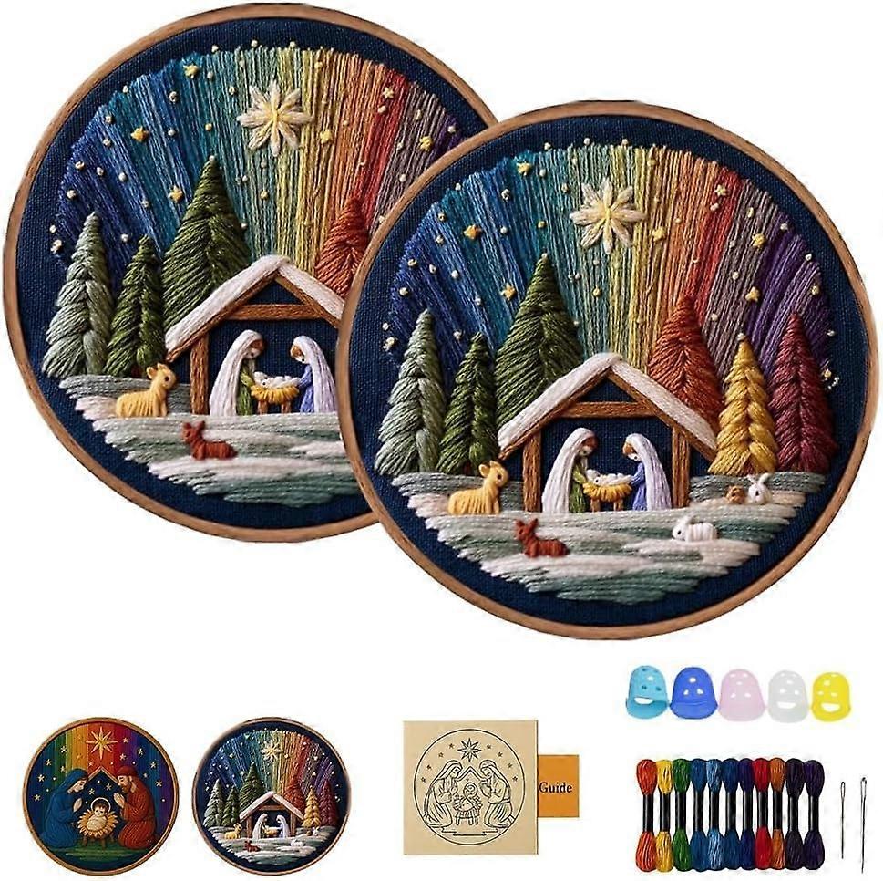 Nativity Embroidery Kit 2 Pack with Fabric Threads Needles, Christian Christmas Cross Stitch Set for Adults Beginners