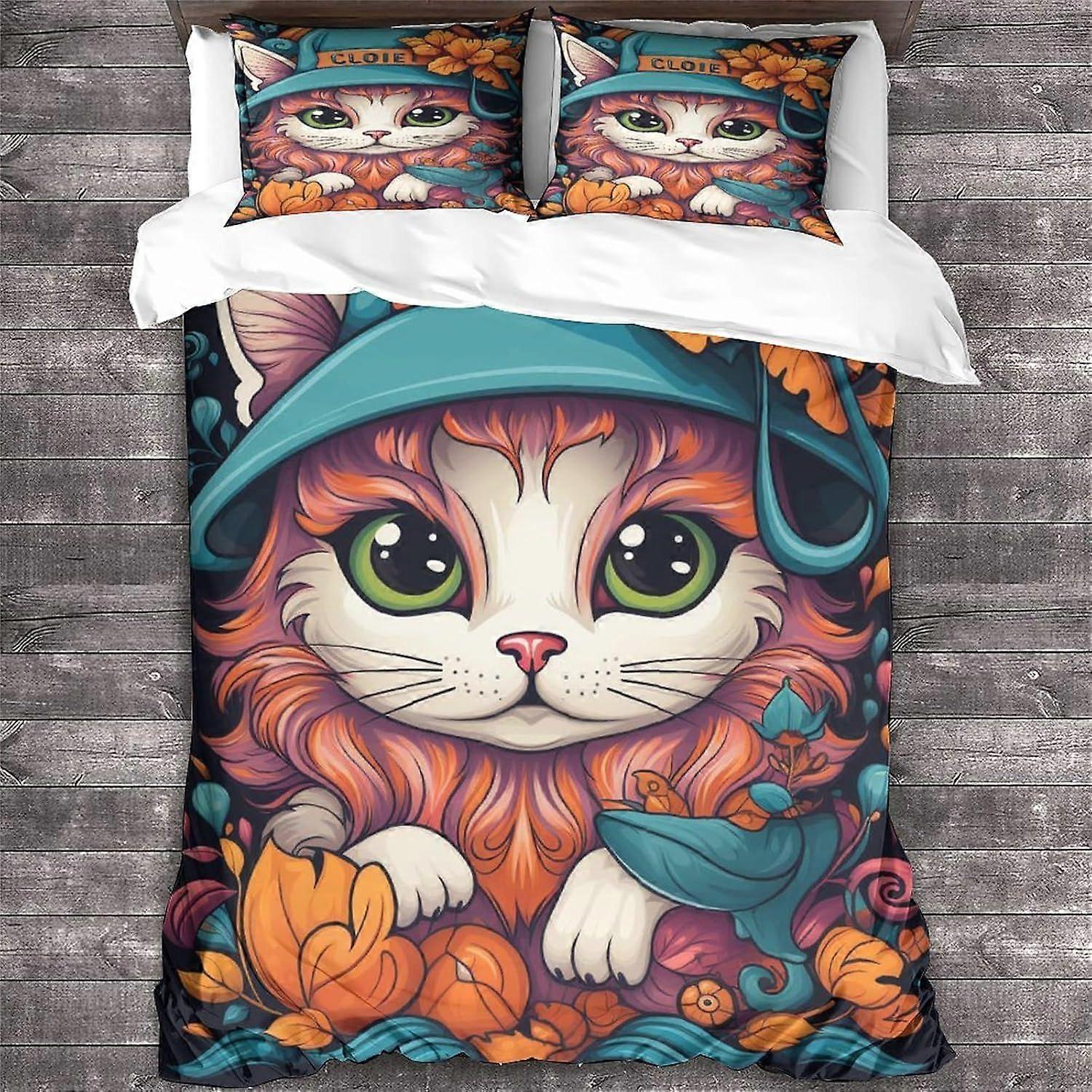 LikeEj Katt Sängkläder Set Påslakan 3D Halloween Mönster Täcke Täcke Ultra Mjuk Djur Tema Täcke Täcke För Tonåringar Dubbel