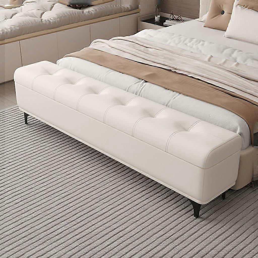 White Faux Leather Storage Ottoman Bench with Tufted Cushion Seat and Generous Hidden Storage