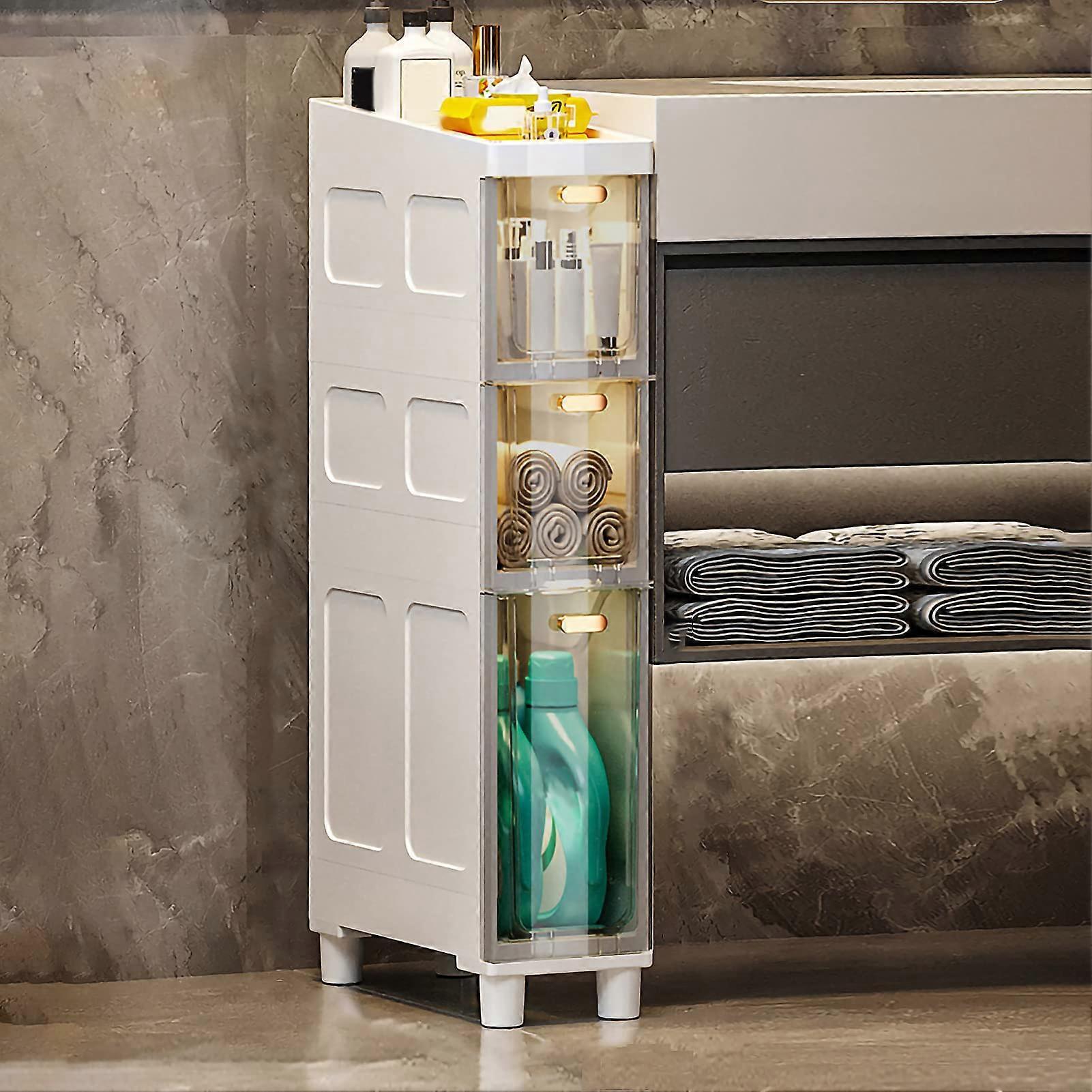 3/4/5 Tier Bathroom Floor Cabinet With Plastic Drawers And Casters, Narrow Dresser Tower For Small Spaces