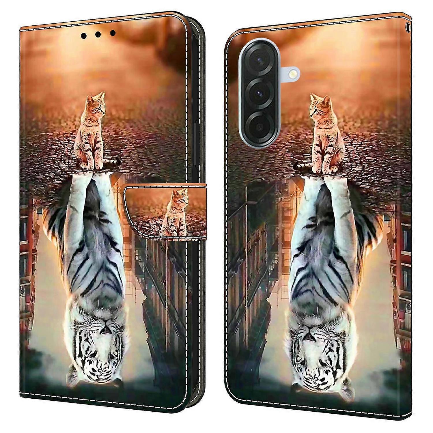 Phone Case For Samsung Galaxy A57 Magnetic Clasp 3D Pattern Leather Wallet Cover - Cat and Tiger