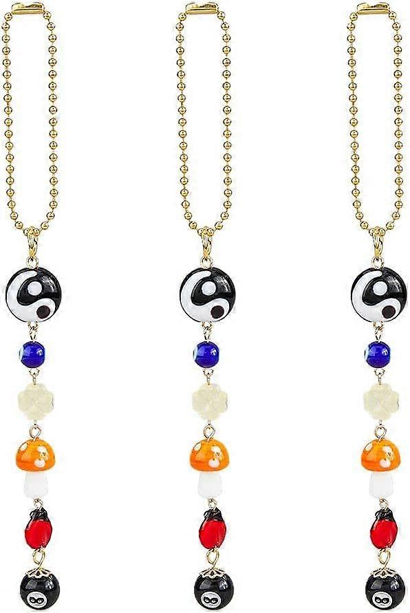 3Pcs Car Hanging Ornament Good Lucky Days Charm Lampwork Beaded Decor with Four-Leaf Clover Ladybug 8 Ball Mushroom Yin Yang Symbo for Car Rear View M