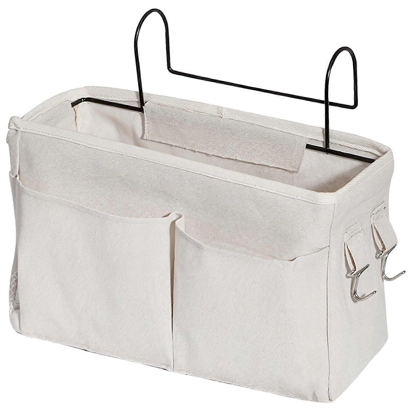 White Canvas Bedside Organizer with Iron Frame, MultiPocket Hanging Storage Caddy for Dorm Room