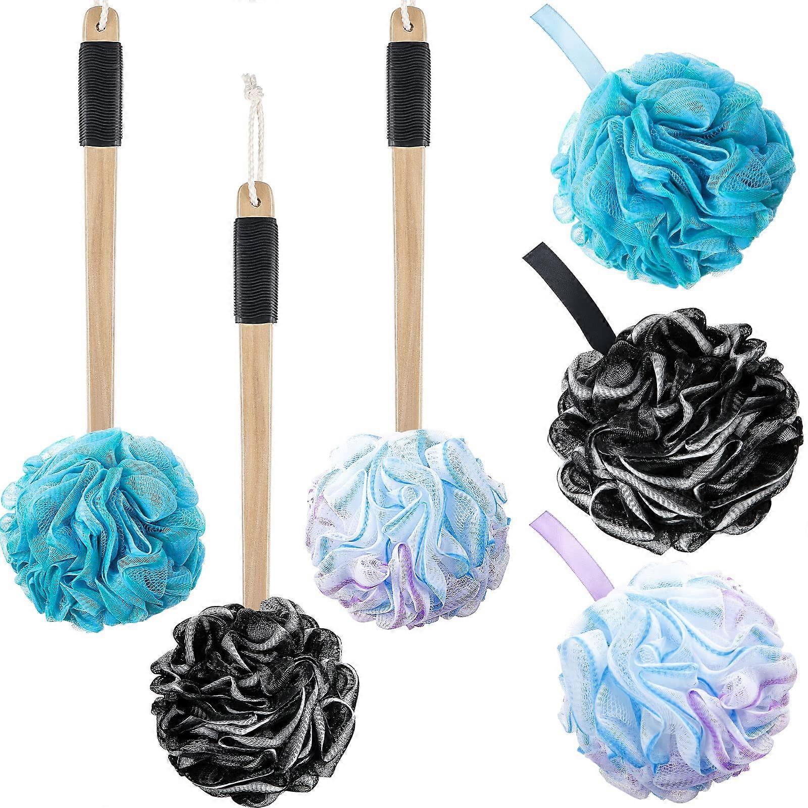 6 Pcs Shower Loofah with Long Handle Back Scrubber Set for Gentle Mesh Body Cleansing