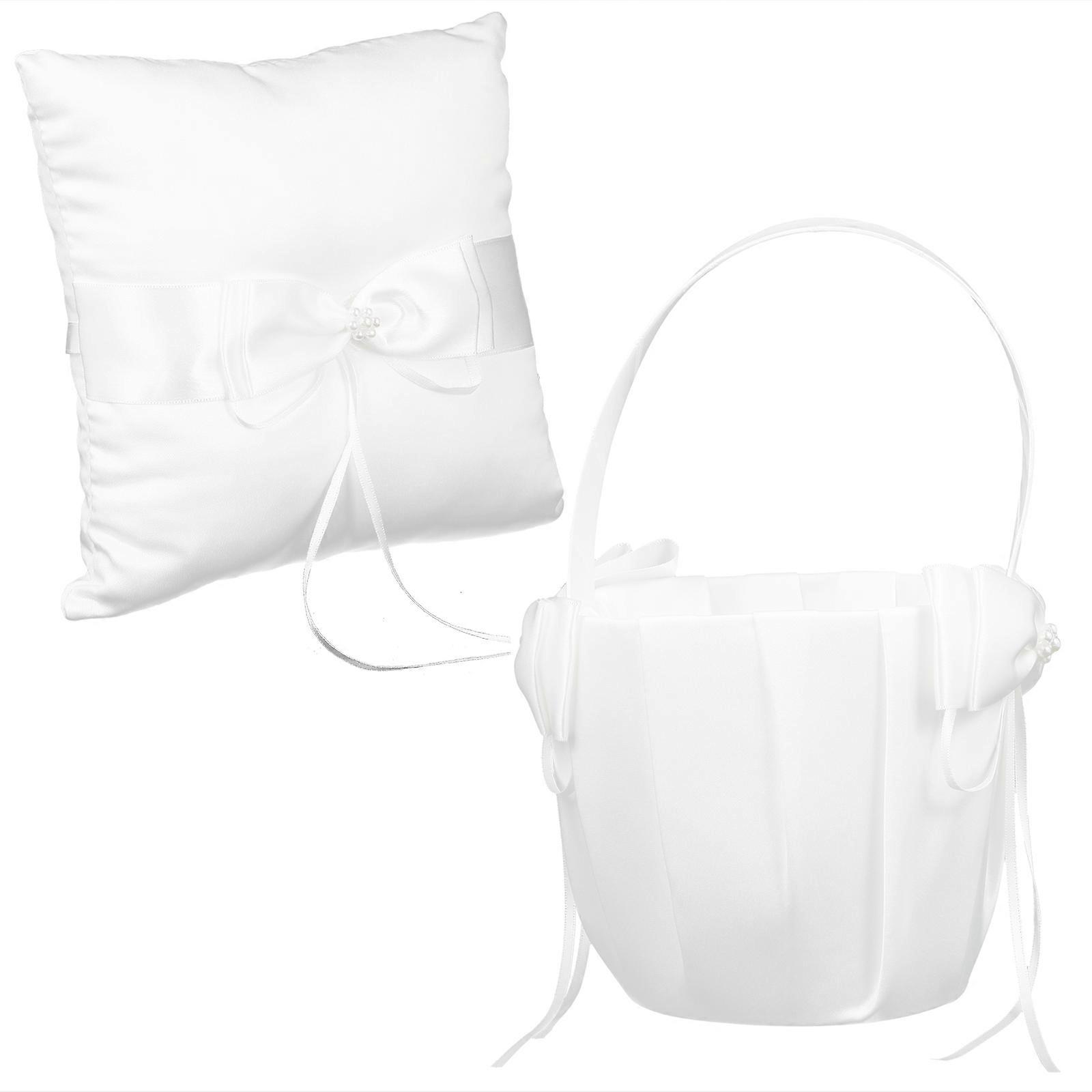 Modern Rectangular Ring Pillow And Flower Basket Set For Ceremonial Occasions 2Pcs White Wedding Decoration