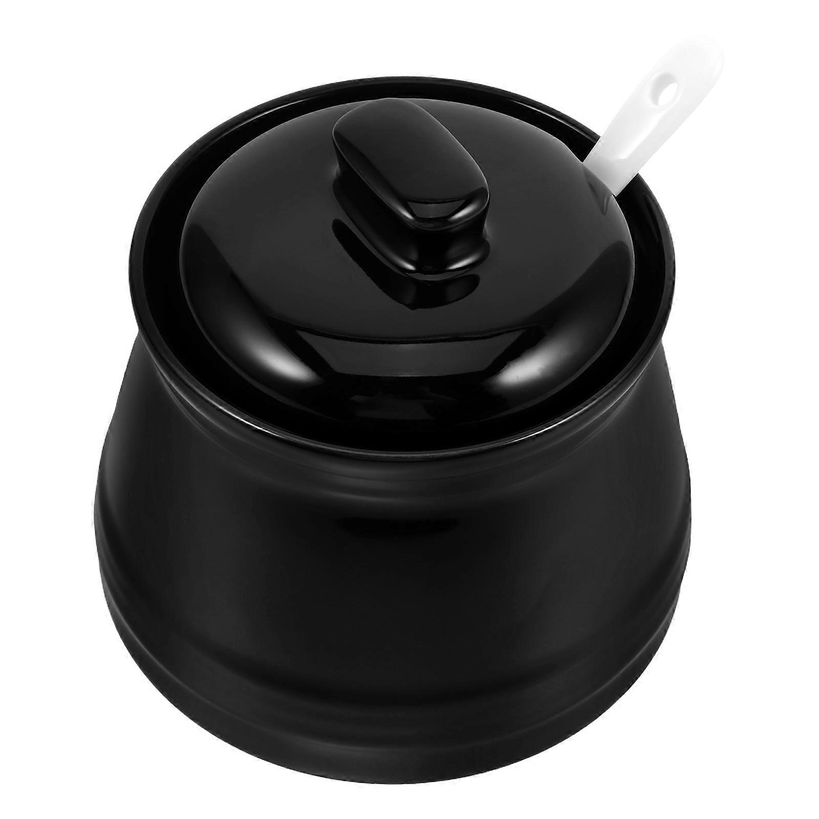 Ceramic Sugar Jar for Kitchen with Spoon Black Storage Container