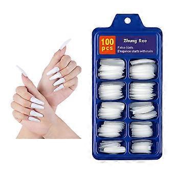 Extra Long White Coffin Press On Nails 100pcs Full Cover Acrylic Fake Nail Tips with Case for Salon