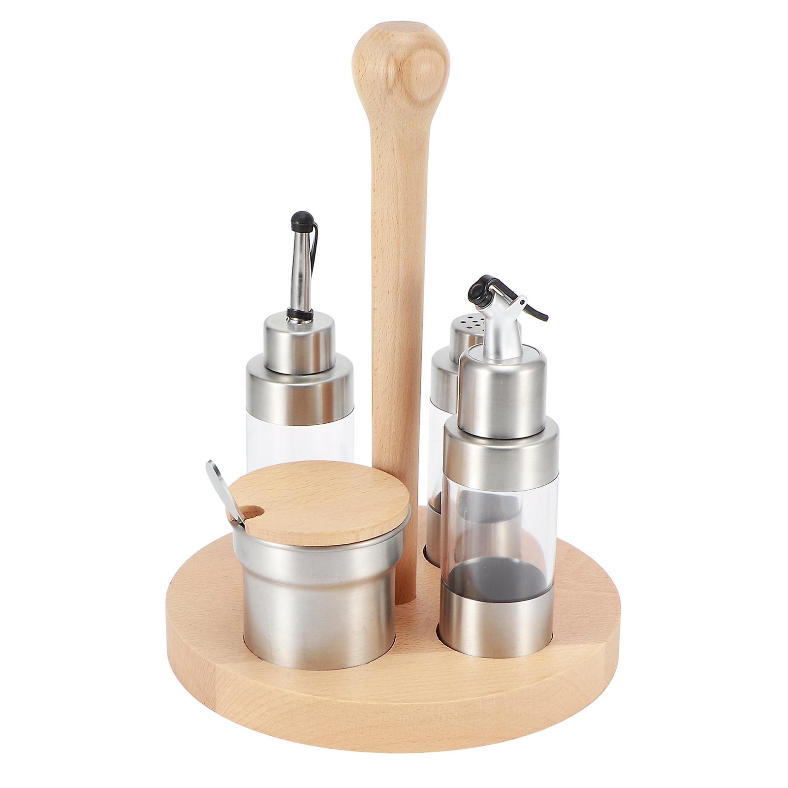 Wooden Tray Condiment Bottle Storage Container, 304 Stainless Steel Condiment Storage Container Spice Jar Container Kitchen Cooking Tool(Round wooden