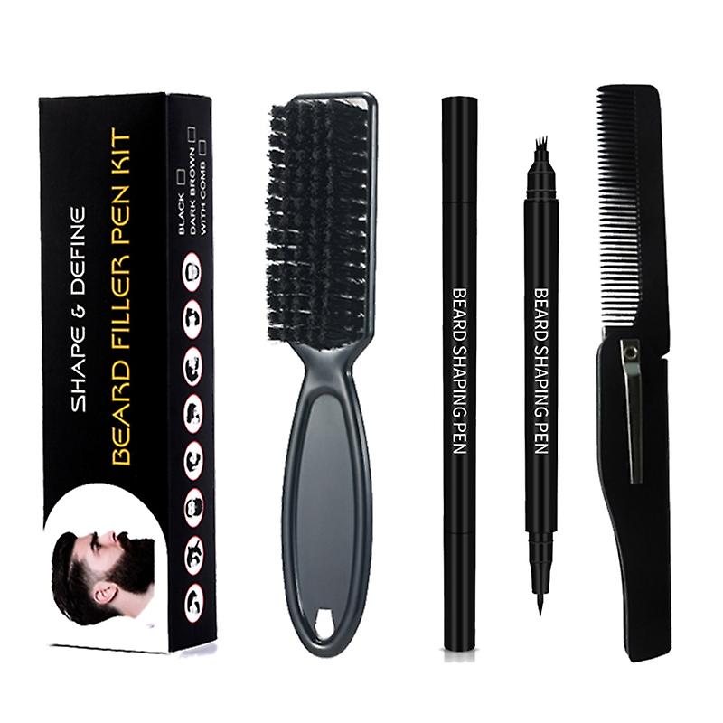 4 Fork Tips Beard Shaper Shaping Pen Filler Styling Brush Scissors Set for Men