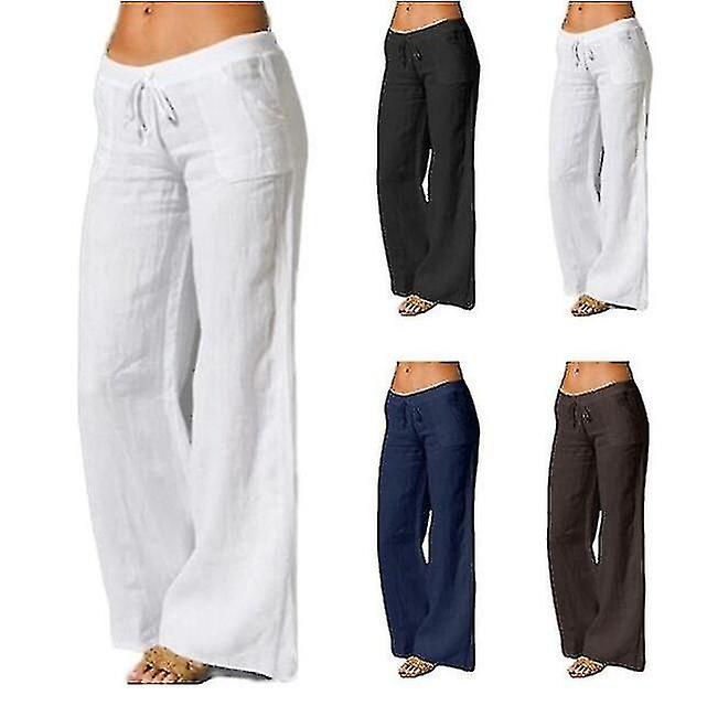 Women's Cotton Linen Wide Leg Pants Solid Casual Elastic Waist Long Trousers