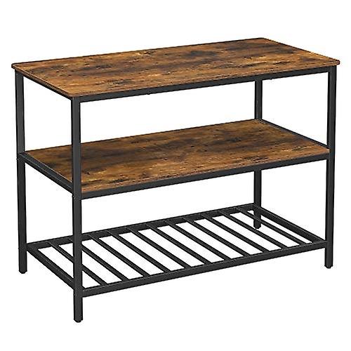 Spacious kitchen island with 3 shelves, rustic brown finish