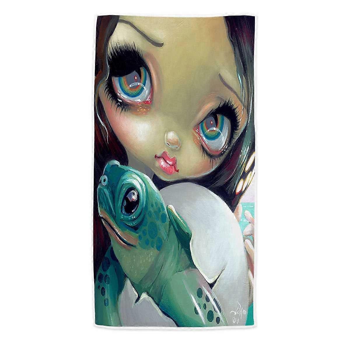 Faces of Faery #164 Cute Girl with Baby Turtle Microfiber Beach Towel