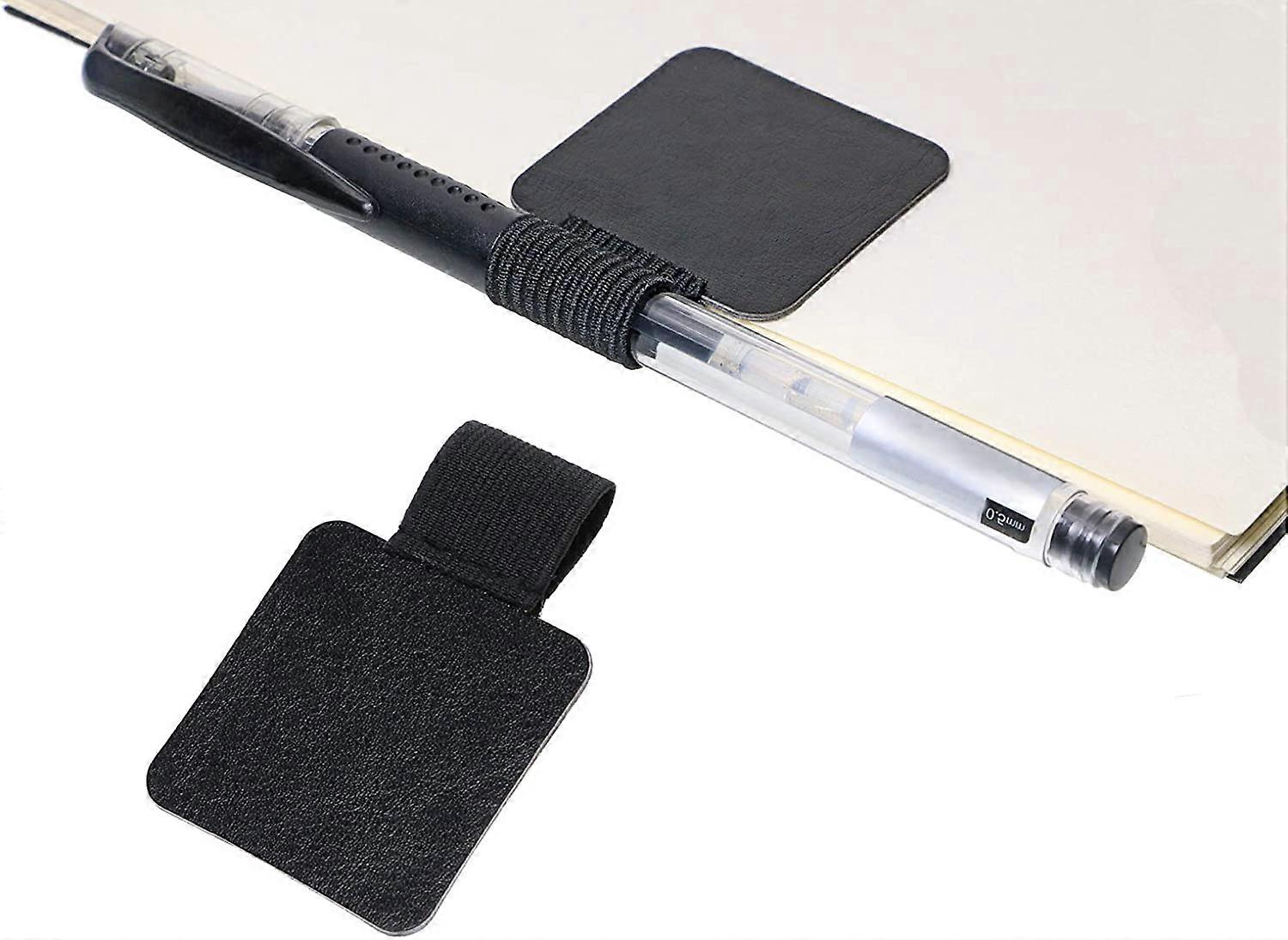 2PCS Self-Adhesive Pen Loop Leather Sticker Holder with Elastic Band for Notebook (Black)