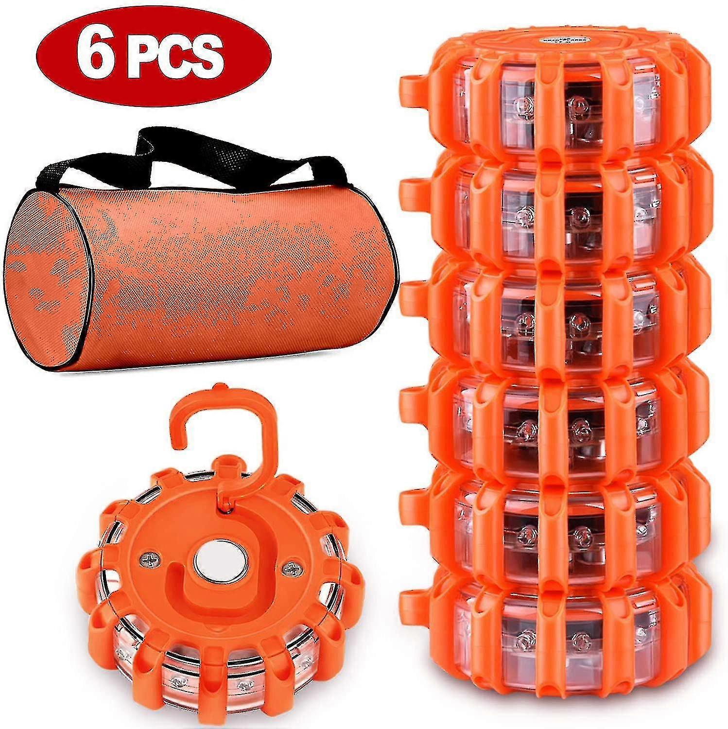 6 Pack Led Road Flares Emergency Lights Roadside Safety Beacon Disc Flashing Warning Flare Kit With Magnetic Base & Hook For Car Truck Boats
