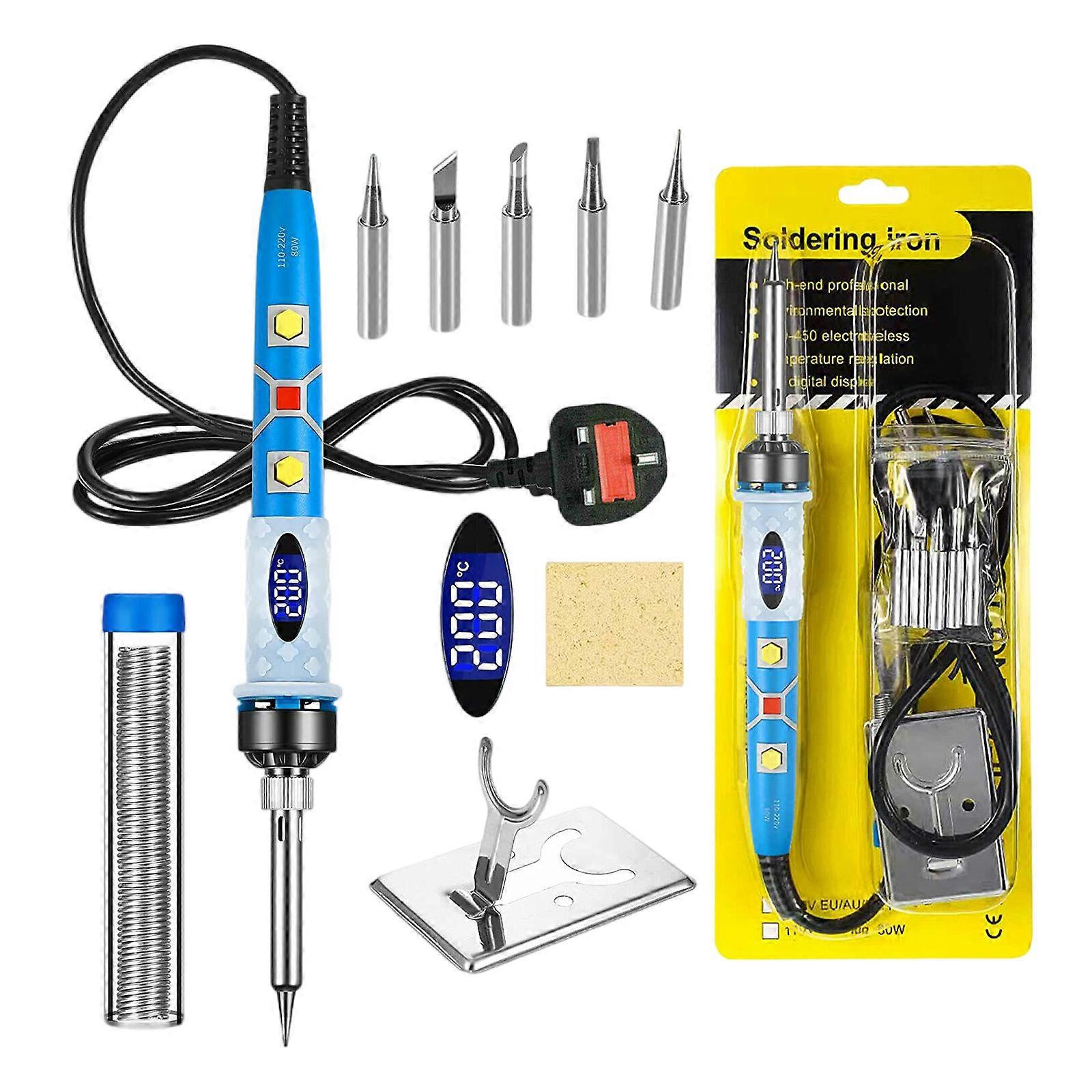 Digital 80W Adjustable Temp Soldering Iron Kit with LCD, 5 Tips, Stand & Sponge