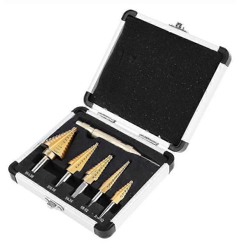 Step Drill Bit, 5pcs (5-13mm, 3-13mm, 6-19mm, 5-22mm, 6-35mm), 1 Automatic Center Punch + 1 Twist Drill