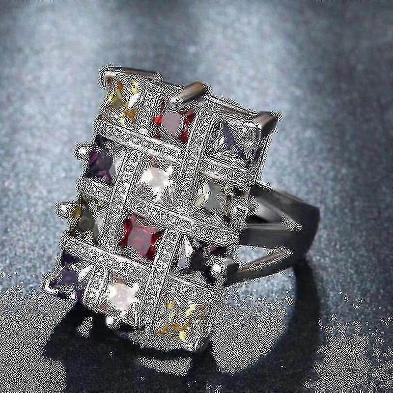 Silver Plated Dot Diamond Set Colored Square Zircon Ring - Fashionable Silver Dot Diamond Set Colorful Square Zircon Ring