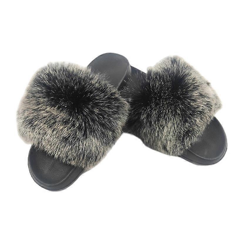 MIMIGO Women's Faux Fur Slides, Open Toe Cute Fur Slippers, Indoor or Outdoor Comfortable Furry Slide Sandals with Fluffy Fur