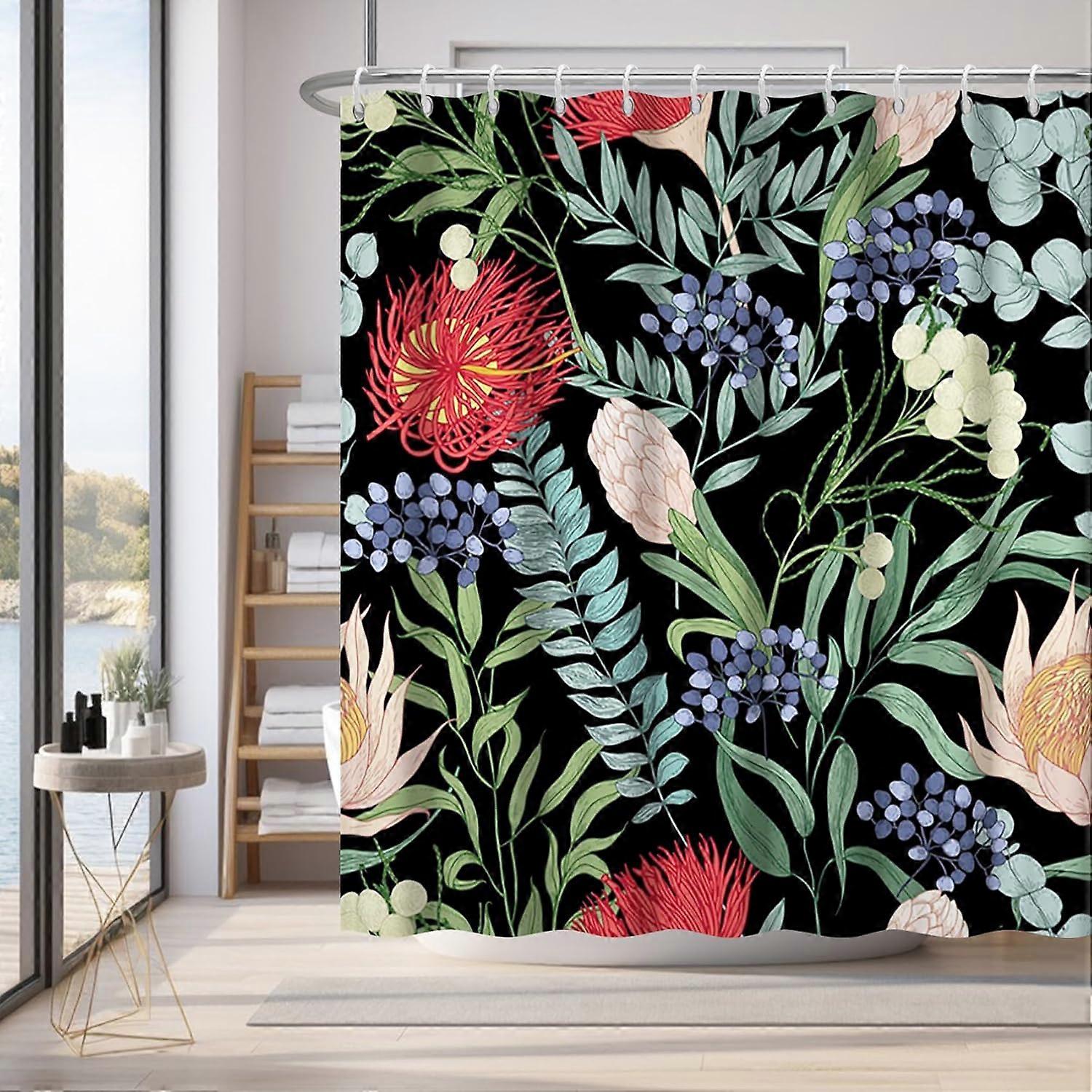 72x84インチ花のシャワーカーテン水彩自由奔放に生きる花緑の葉ワイルドフラワーブラックバスカーテンバスルーム用植物布シャワーカーテン