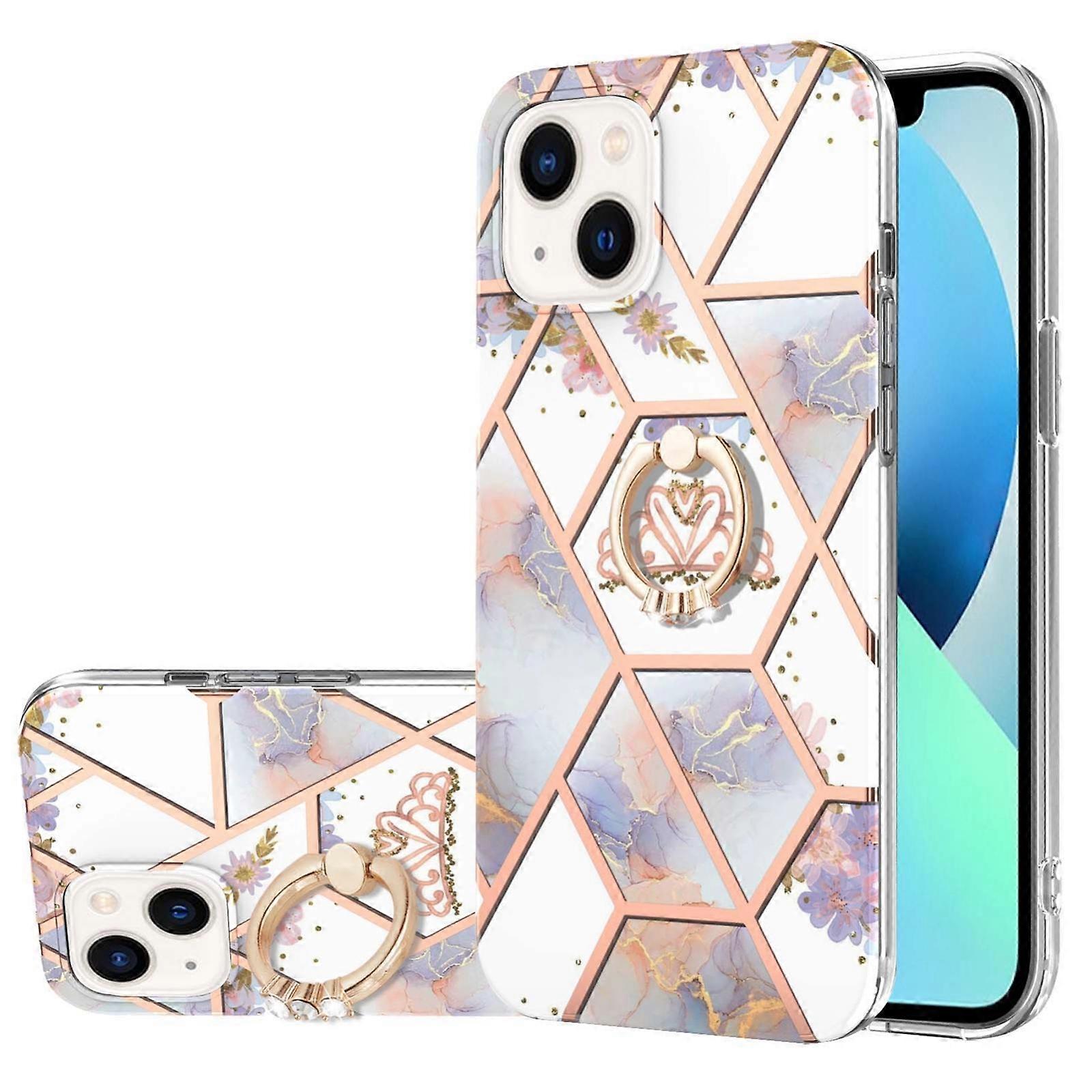 Electroplating Splicing Marble Flower Pattern TPU Shockproof Case with Rhinestone Ring Holder For iPhone 14