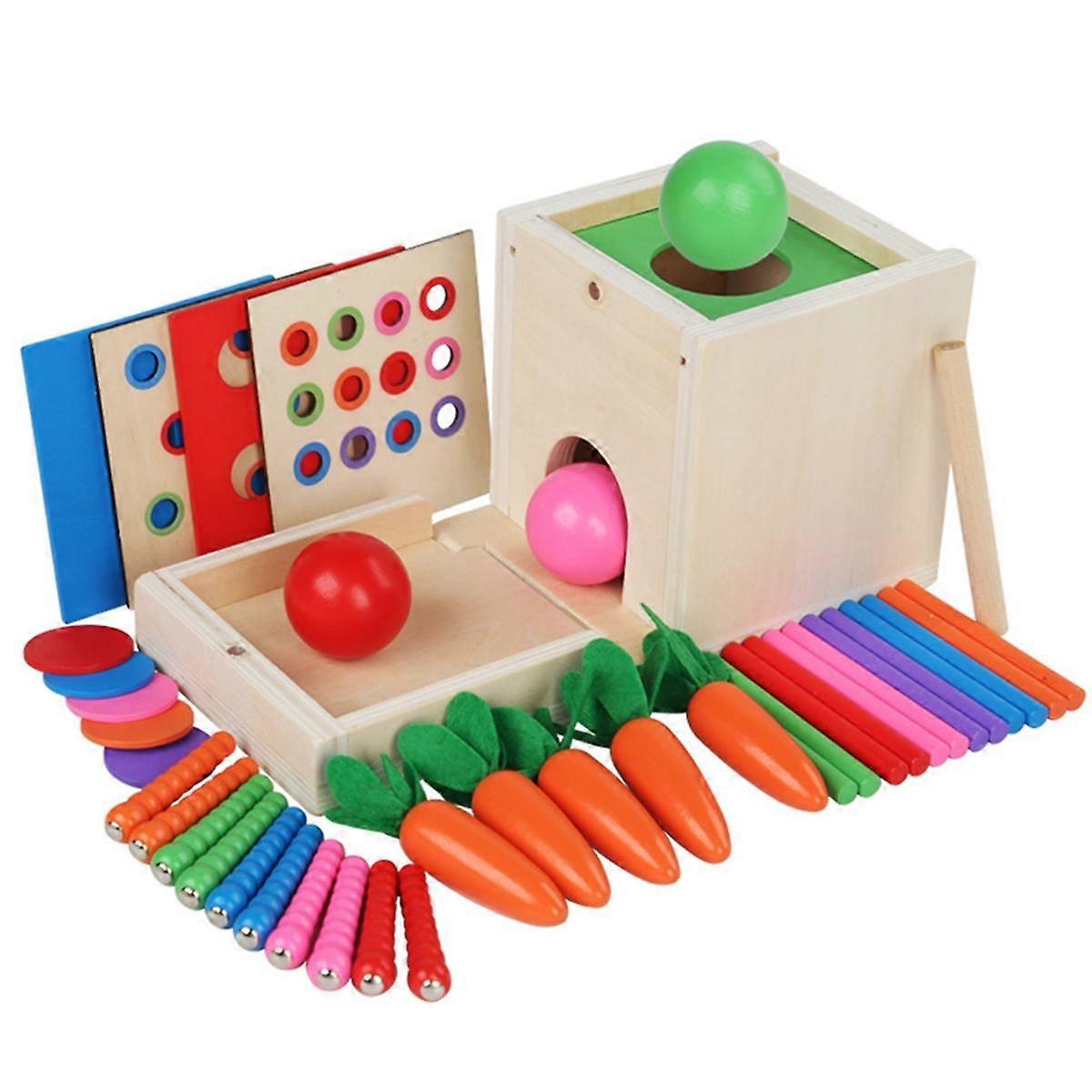 6-In-1 Wooden Toy Kit Object Permanence Box Play Set with Coin Box Carrot Harvest Shape Sorter Ball Drop Toy