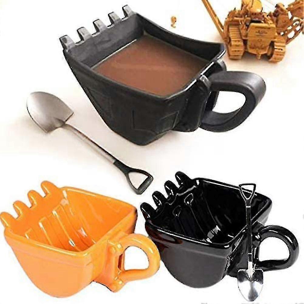 Tasse à café 3D en forme de seau d'excavatrice jaune avec pelle, cuillère, cendrier, récipient à gâteau, tasse à thé