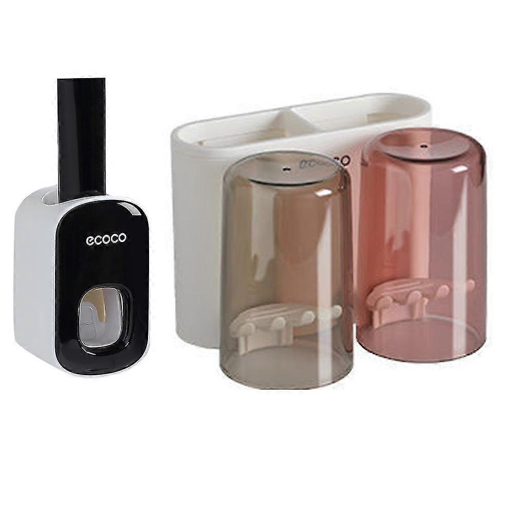Toothbrush Holder Automatic Toothpaste Dispenser Set Dustproof with Sticky Suction Pad Wall Mounted
