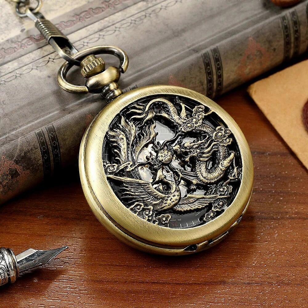 Retro Mechanical Pocket Watch Double Dragon Play Ball Steampunk Skeleton Hand-wind Flip Clock Fob Watch With Chain Gift