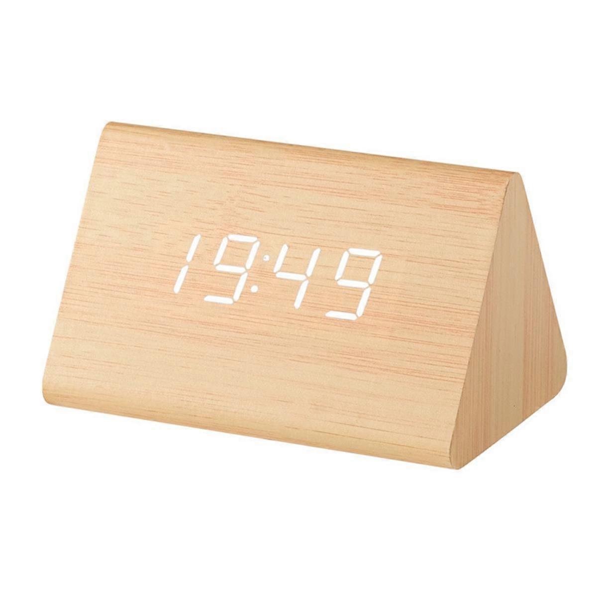 Horloge en bois Réveil électronique LED multifonctionnel Horloge en bois à commande vocale Horloge en bois silencieuse numérique, A