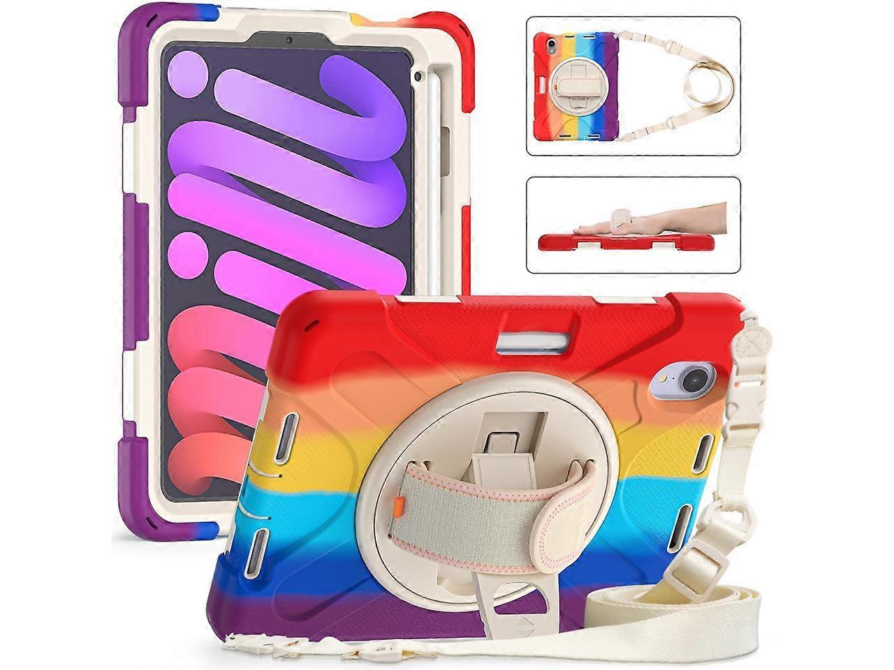iPad Mini 6 2021 Case (6th Generation) with Pencil Holder / 360 Rotation Stand / Hand Strap and Shoulder Strap Rugged Shockproof Cover for iPad Mini 6