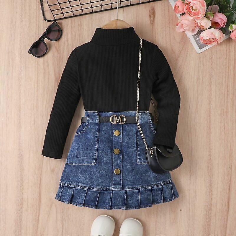 Saia Plissada de Denim com Cintura Alta e Manga Longa para Crianças com CintoKIDS